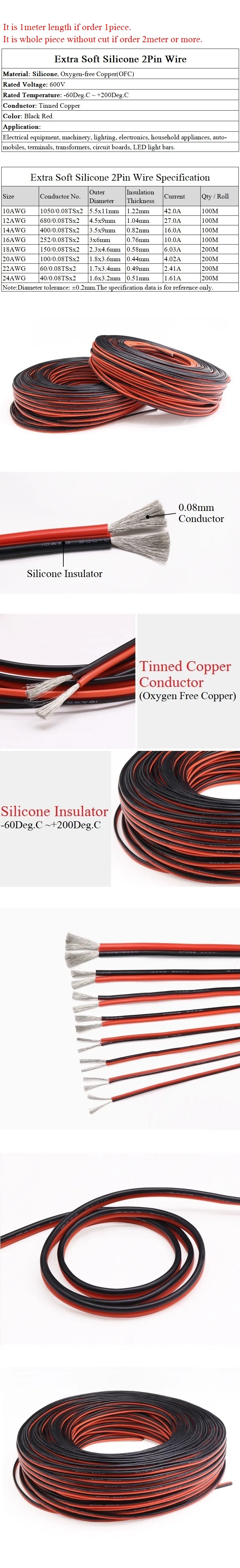 Силиконовая Резина 2pins провода 24AWG Экстра мягкая утепленная двойное ядро высокого Температура Электрический кабель Медь светодиодный светильник линия черный, красный