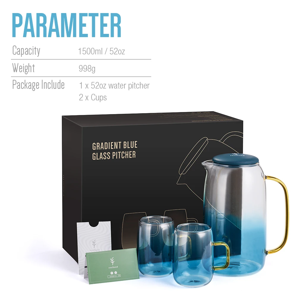 

1.5L Large Water Jug Glass Water Pitcher With 2 Cups Home Use Kettle Tea Pot With Handle Hot Cold Drinkware Glass Pitcher