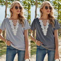 2022 spring fashion womens slim solid color hedging loose lace v neck short sleeved t shirt women casual wild clothes