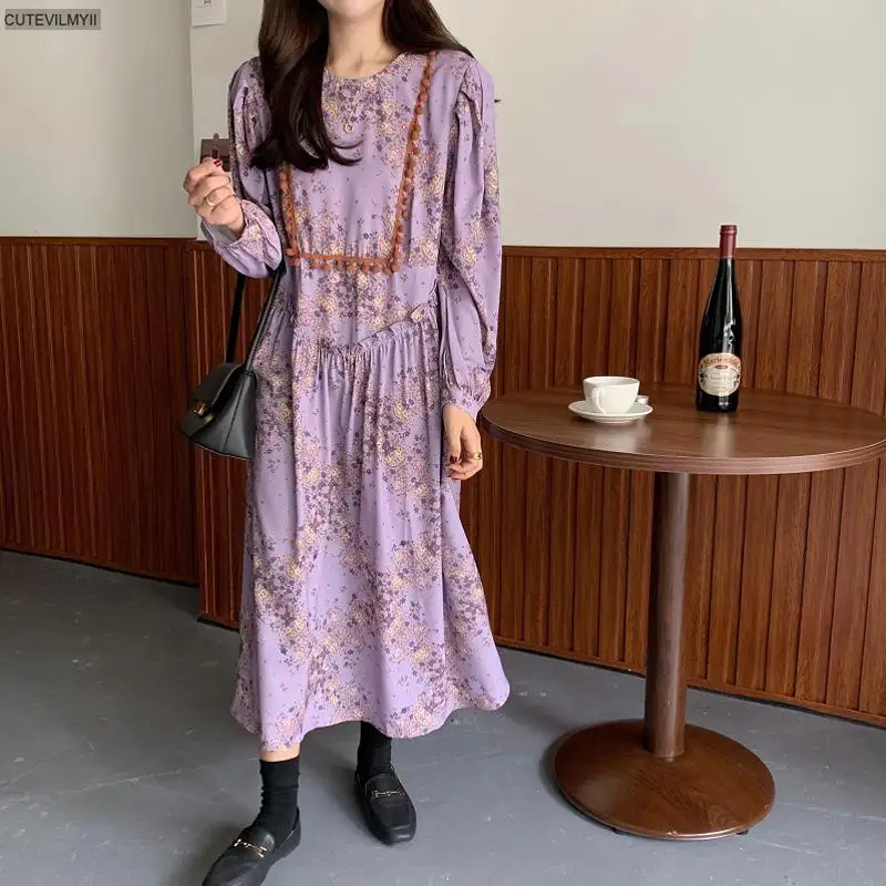 

Korean Design Women Elegance O-neck Long Autumn Sweet Loose Floral Printing All Match Retro Stylish Ankle-Length Maxi Dress