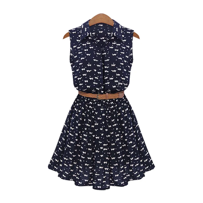 

Summer women's cotton dress Sleeveless Printed dress with Belt