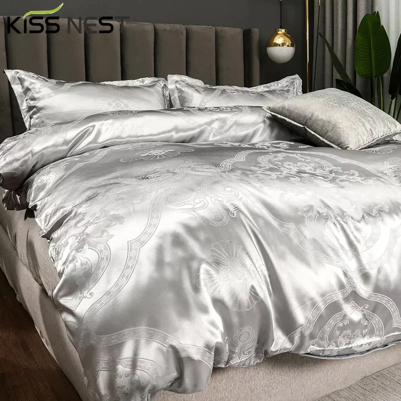 

Luxury Silver Gray Jacquard Bedding Set,Duvet Cover Pillowcases 2-3 Pieces Combo Set,7 Sizes Including 200x200 240x220,5 Colors