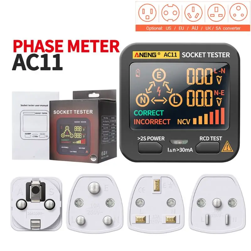 

AC11 цифровая розетка Тесты er Напряжение Тесты US/UK/EU/AU/SA Plug дорожный нулевой линии фазы проверьте код бесконтактная проверка напряжения перем...