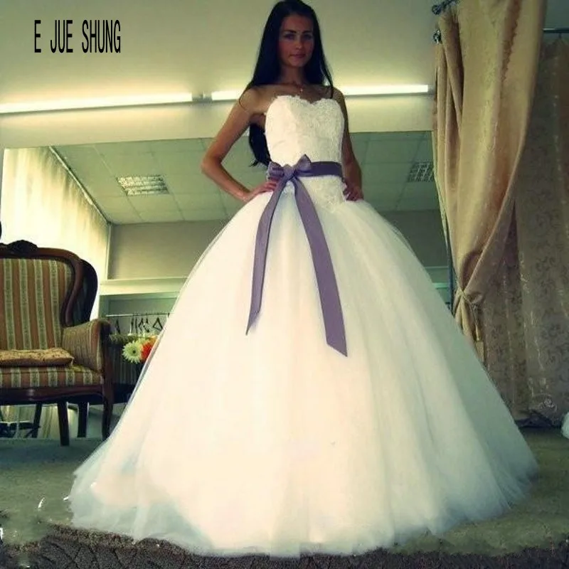 

E JUE SHUNG Fashion Sweetheart Ball Gown Wedding Dresses Lace Appliques Dropped Tulle Purple Sash Bridal Gowns vestido de noiva