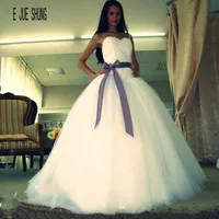 E JUE SHUNG Fashion Sweetheart Ball Gown Wedding Dresses Lace Appliques Dropped Tulle Purple Sash Bridal Gowns vestido de noiva