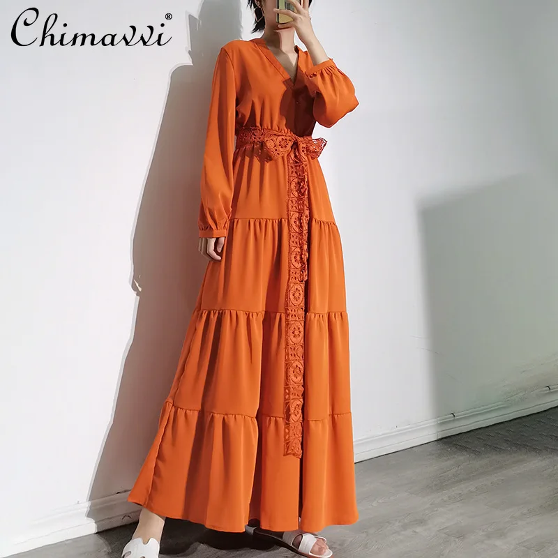 

Elegant Retro Fashion Women Solid Color Long Dress High Waist V-neck Lace-up Long Sleeve Slimming A-line Dress