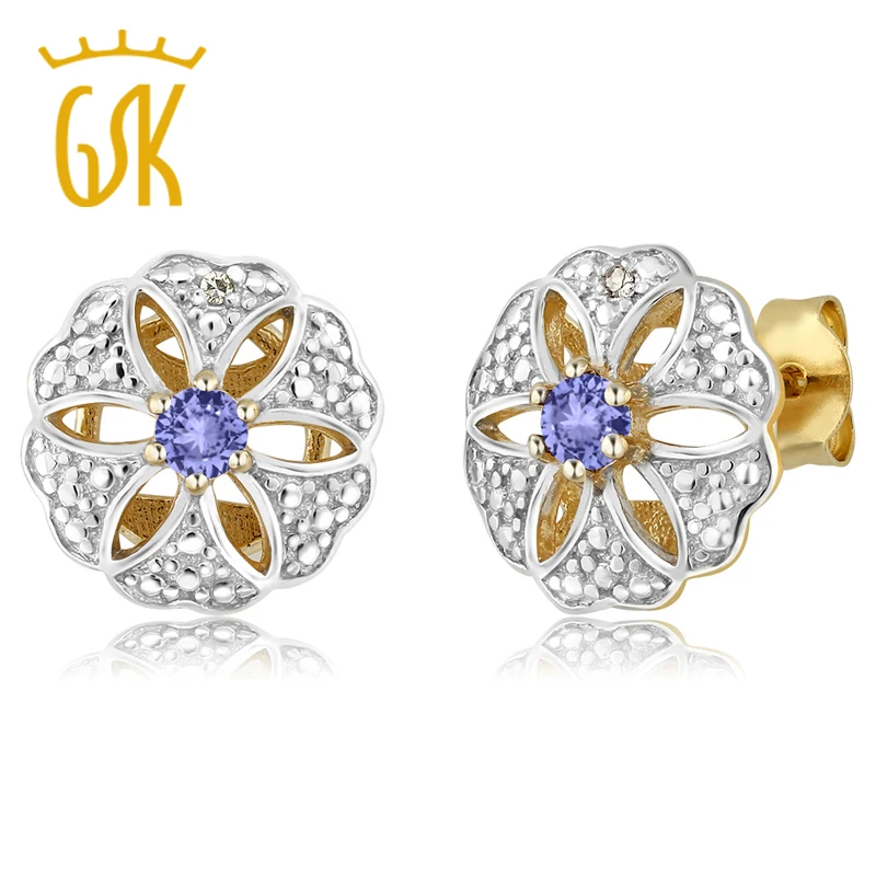 Серьги пусеты GemStoneKing 0 24 карат 3 мм Натуральный Синий танзанит и алмаз 18 К желтое