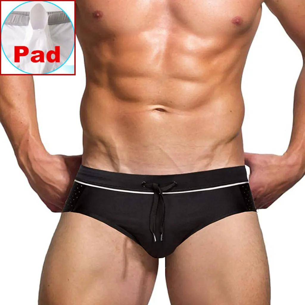 

Men's Sexy Low Rise Swim Briefs Stripe Bikini Swimsuit Push Up Pad Bathing Suit Black Mesh Cord Male Beach Board Surf Shorts