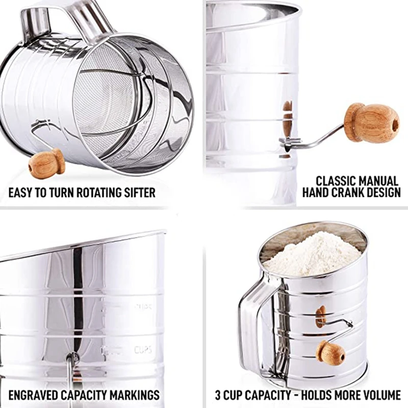 3 Cup Stainless Steel Flour Sifter - Fine Mesh Rotary Hand Crank With Agitator Wire Loop For Baking Cakes |