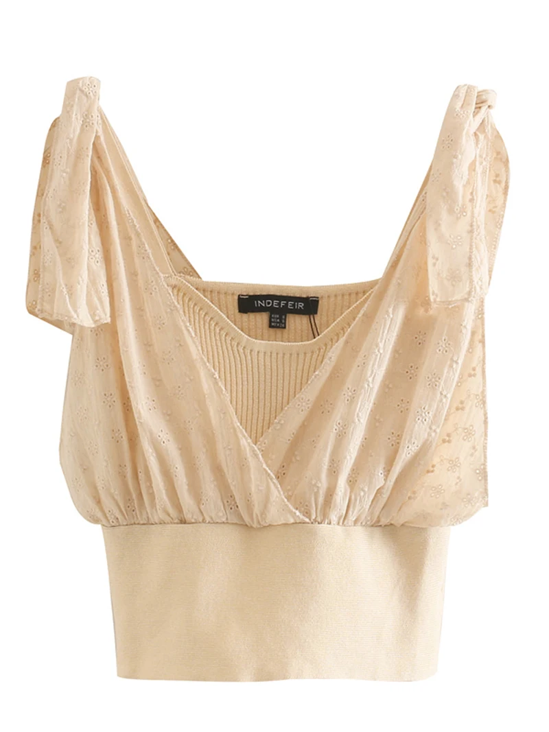 

Women 2020 fashion knitted patchwork tanks girls ladies summer new hollow out bow lace zipper cropped tops female sexy slim vest