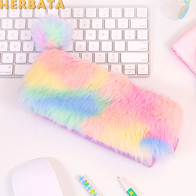 Сумочка для ручек и карандашей с радужным помпоном девочек милый плюшевый