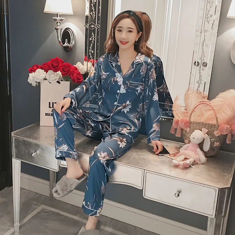 Лед Шелковая пижама Женская Осень с длинным рукавом большого размера плюс 2300 Jin