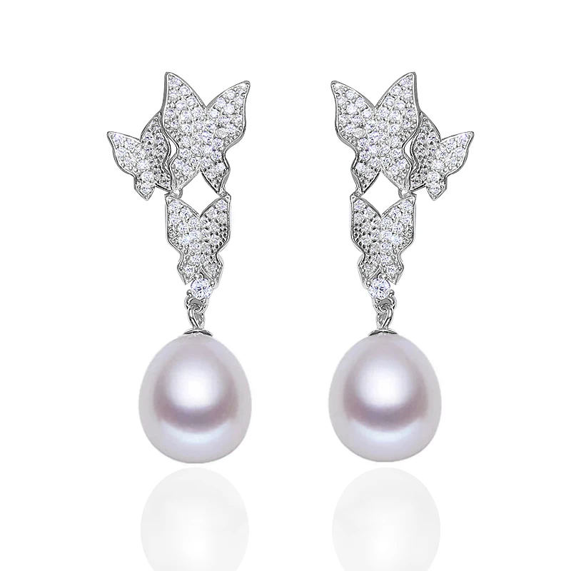 

MeiBaPJ из натурального пресноводного жемчуга, модный костюм из трех Подвесные серьги в виде бабочки реальные 925 стерлингового серебра ювелирн...