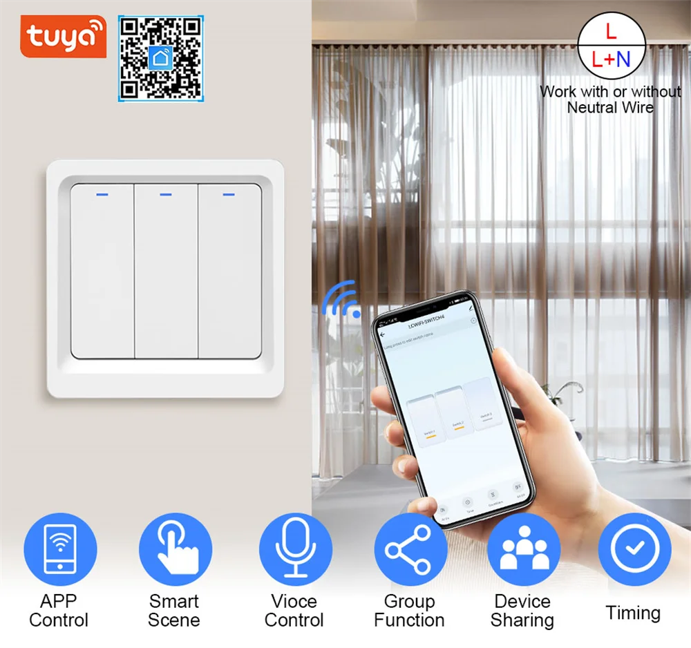 Умный кнопочный переключатель Wi-Fi нейтральный провод и под напряжением
