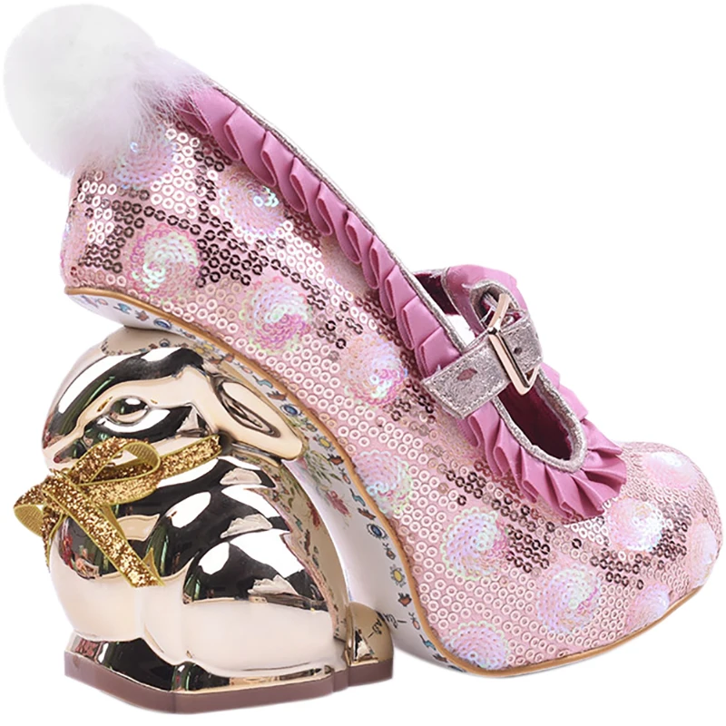 

Personality Plated Gold Rabbit Heels Pumps Round Flower Sequins Mary Janes Rabbit Fur Tail Animal Strange Heels Wedding Shoes