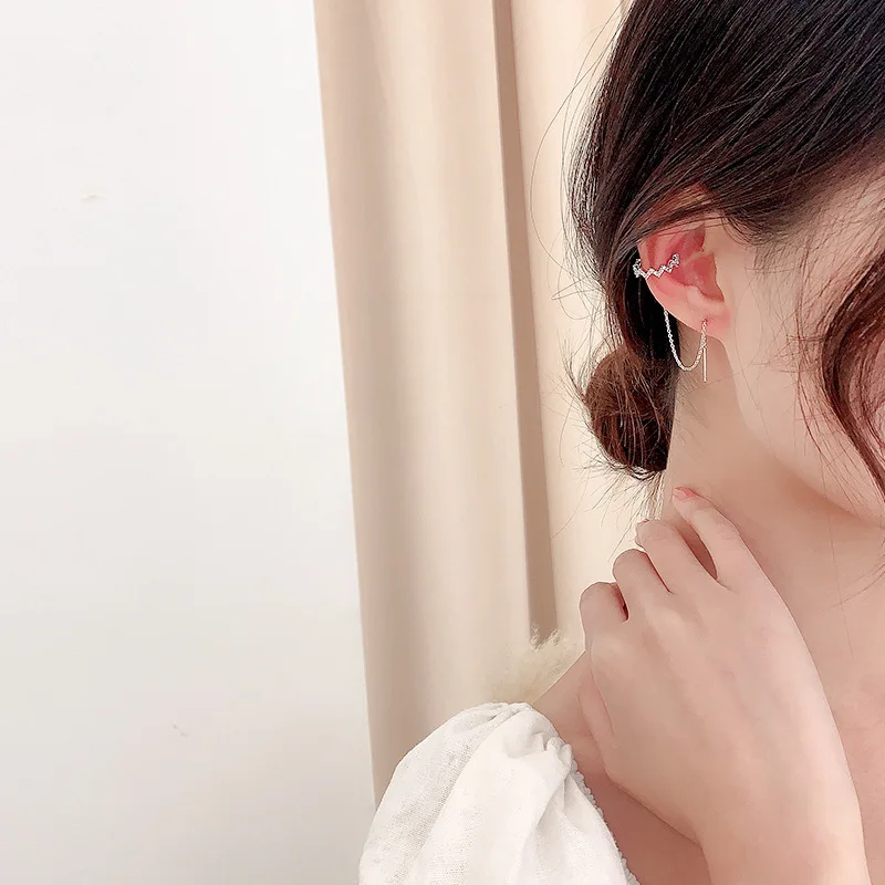 Серьги-каффы женские в виде зигзага с длинными цепочками