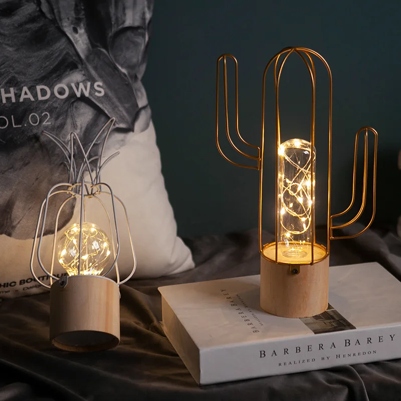 

Iron Vintage Creative Cactus Table Lamp LED Night Lights For Bedroom Bedside Decoration Room Lighting Pineapple Neon Desk Lamps