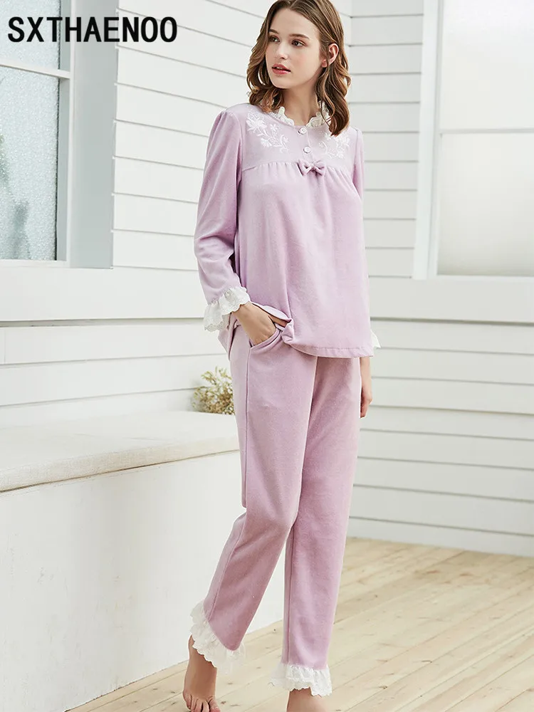 SXTHAENOO толстые яркие бархатные женские пижамные комплекты Осенняя винтажная