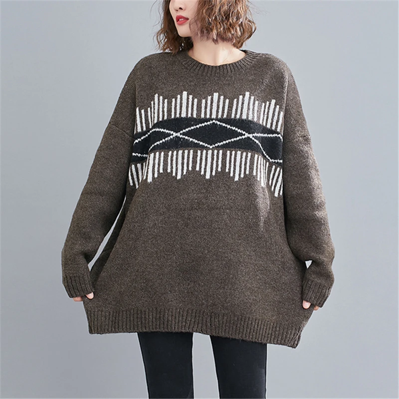 

BIG SIZE Autumn Winter Women Fashion Elegant Solid Geometric Tops Female Ladies Plus Large Long Sleeve Casual Loose Knit Sweater