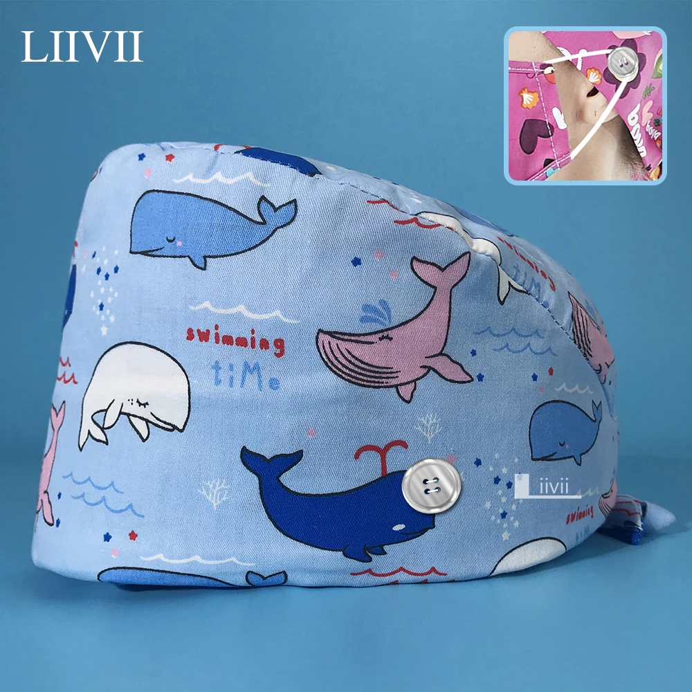 

100%Cotton Pet Hospital Doctor Nursing Cap Multicolor Cartoon Printed Surgical Scrub Cap with Button Wholesale Nurse Accessories