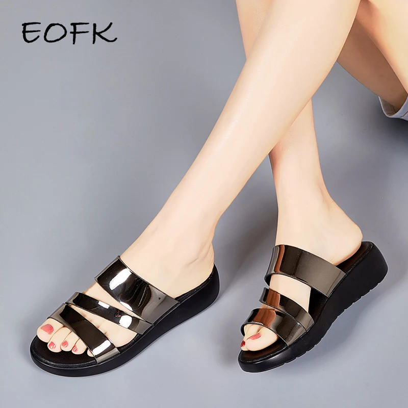 Женские Дышащие шлепанцы EOFK летние мягкие блестящие на плоской подошве|Тапочки| |