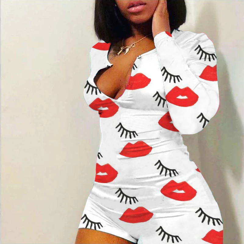 Комбинезон женский с длинным рукавом пикантная ночная рубашка принтом губ шорты