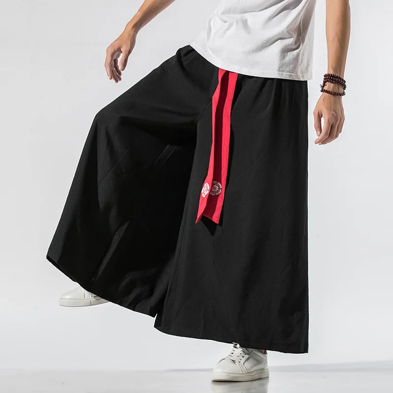 

#2581 Cotton Linen Trousers Wide Leg Pants Men Vintage Kimono Pants Elastic Waist Streetwear Mens Joggers Loose Spring Summer