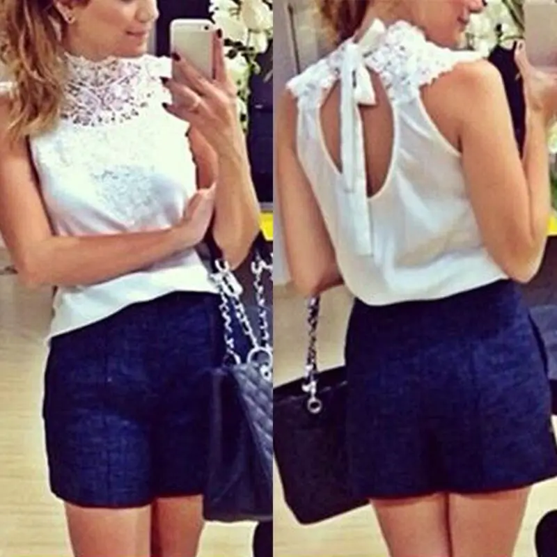Женские винтажные блузки белые повседневные топы без рукавов кружевные с