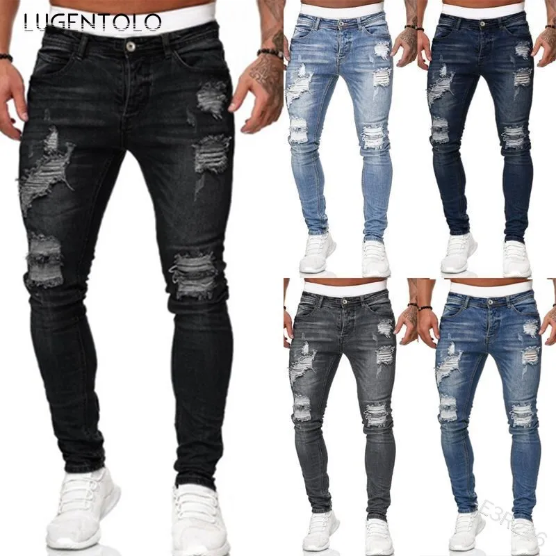 

Lugentolo Jeans Mens Fall Fashion Shredded White Slim Denim Trousers Fashion Old Feet Casual Solid Distressed Jeans