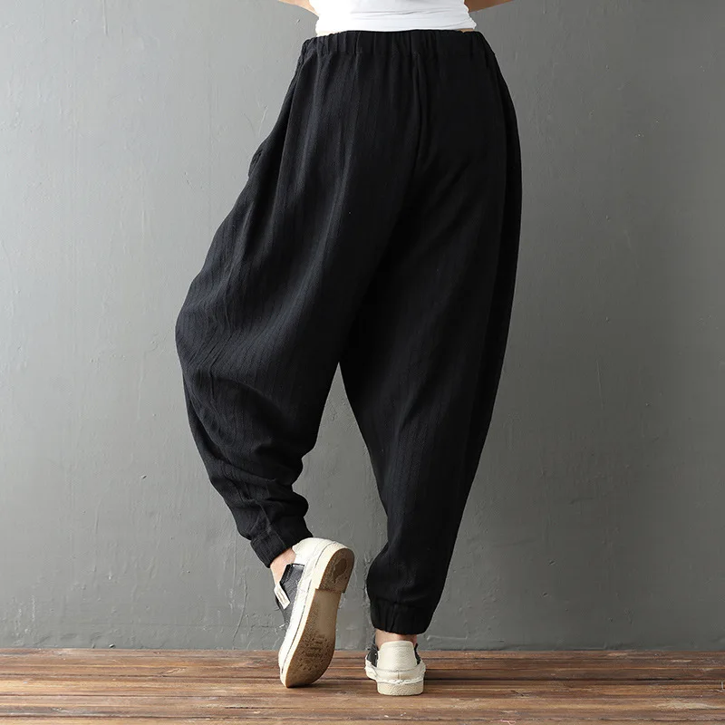 

Large Size Cotton And Linen Bloom Pants Women New Fashion Loose Elastic High Waist Casual Nine Pants Women