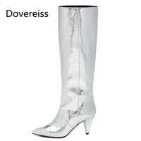 dovereiss fashion womens shoes winter silver pointed toe sexy block heels new pure color concise knee high boots 33 43