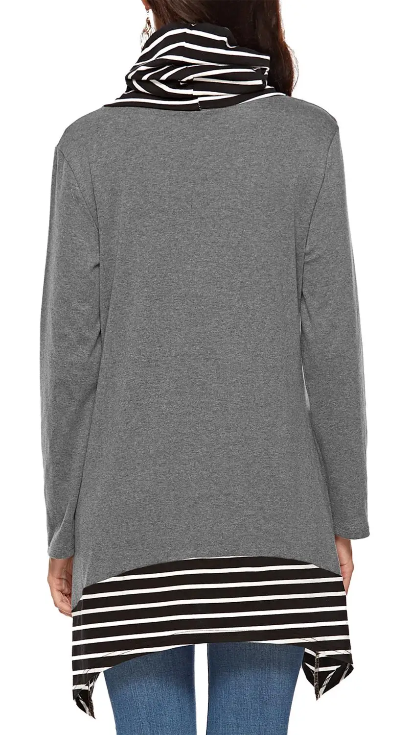 

Warm Hoodie Women Striped Patchwortk With Pocket Casual Solid Irregular Sweatshirt Slim Bow Neck Long Sleeve Pullover Sweatshirt