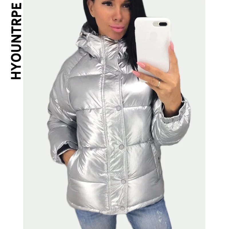 Модная яркая металлическая куртка пальто женская теплая хлопковая стеганая