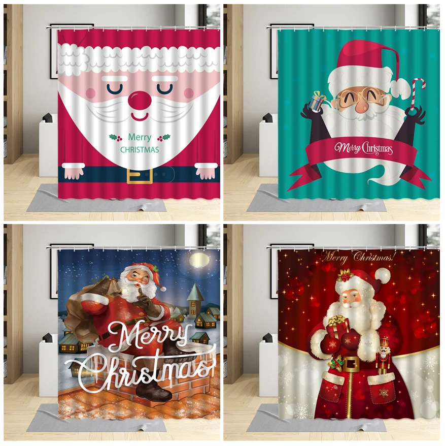 

Santa Claus Shower Curtain Merry Christmas Winter Scenery Pattern Child Room Bathroom Decor Polyester Cloth Hanging Curtain Sets