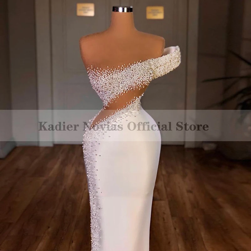 

KADIER NOVIAS Long Elegant Pearls Beads White Women's Satin Mermaid Wedding Dresses 2022 Sheer Robe De Mariee