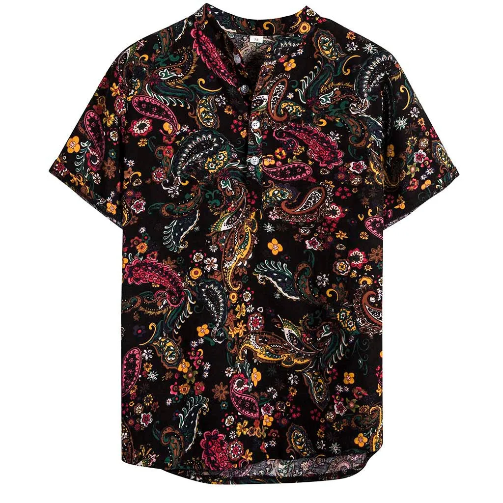 

Men Retro Ethnic Printed Hawaii Shirts Summer Casual Buttons Tops Turn-down Collar Blouses Classic Short Sleeve Camicias Рубашка