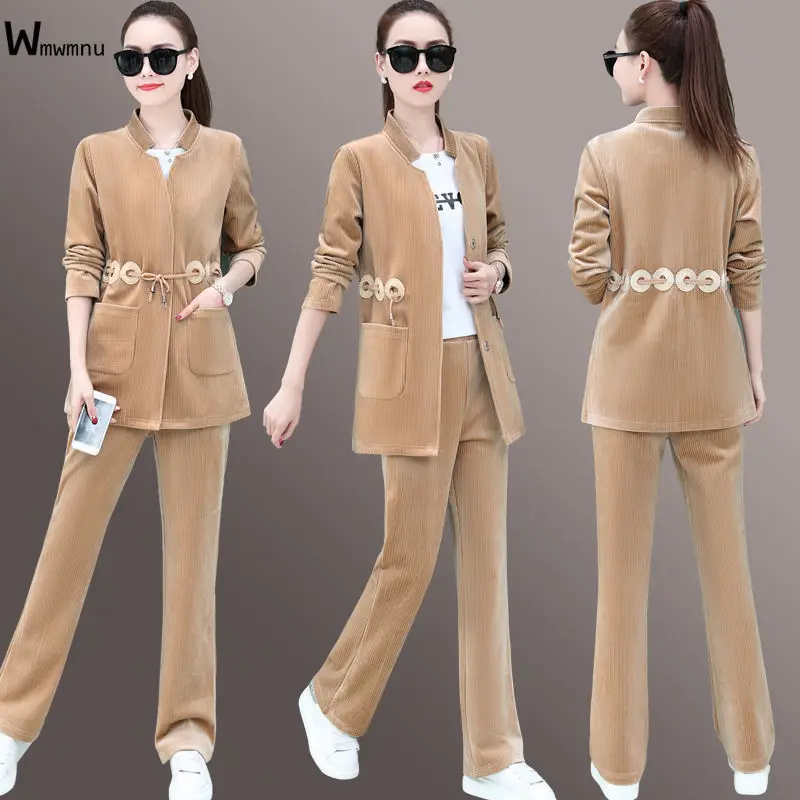 

Wmwmnu Elegant Thicken Corduroy Tracksuit Women Trendy Slim Waist Winter Three Piece Set Vintage Warm Velour Pant Suits Xf162