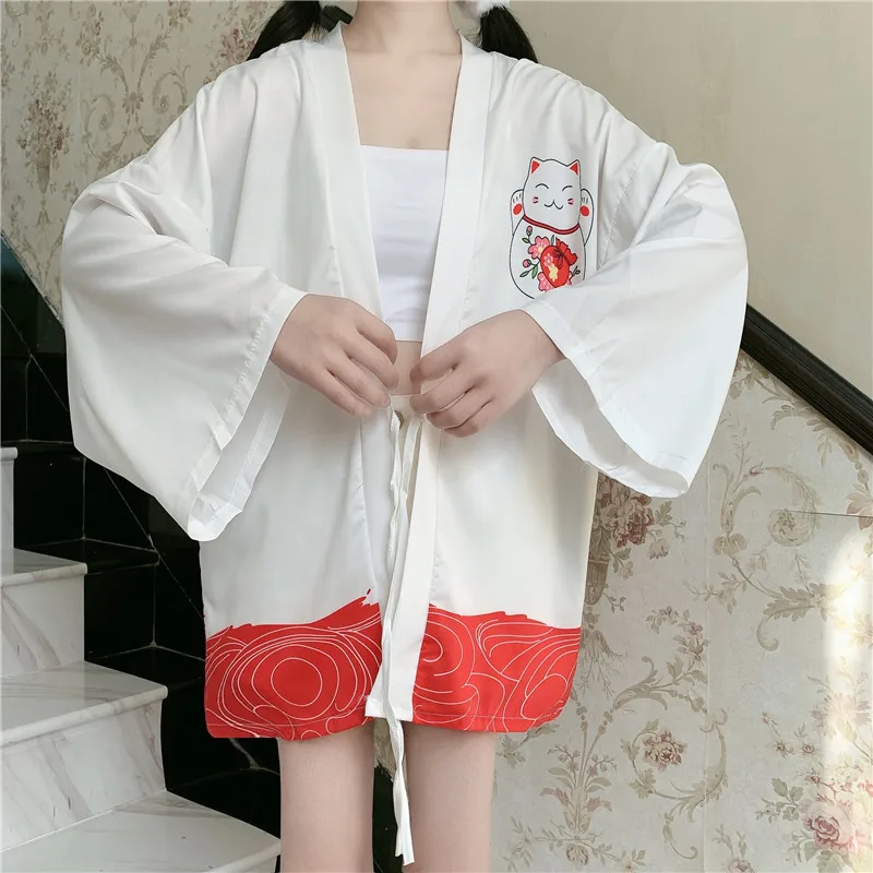 Черный белый Lucky Cat свободный женский кардиган Harajuku японское кимоно модные