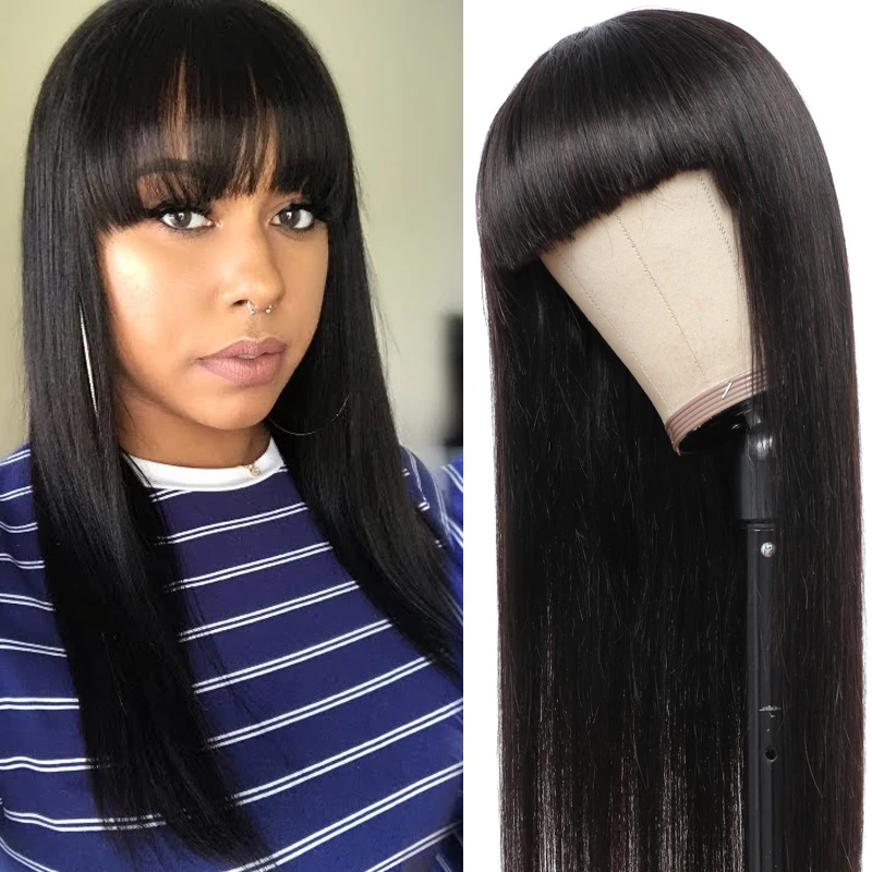 

Brazilian Straight Human Hair Wig With Bangs Natural Color Human Hair Wigs For Black Women Remy Long Inch Bangs Wig 150%