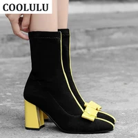 coolulu bow ankle boots for women block high heel pointed toe ankle boots fashion and casual women winter booties size 32 42