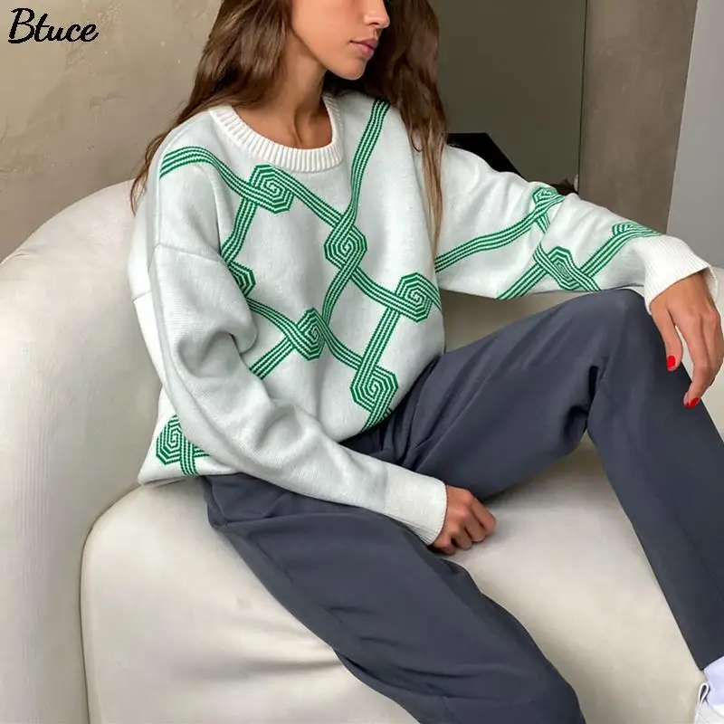 Женский жаккардовый свитер с круглым вырезом повседневный вязаный пуловер в