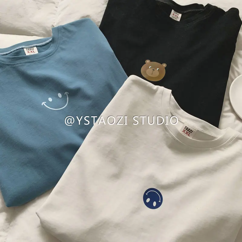 

Smiley Face Logo Long-sleeved T-shirt Solid Color Simple Spring And Autumn Korean Trend Loose Inner Bottoming Shirt