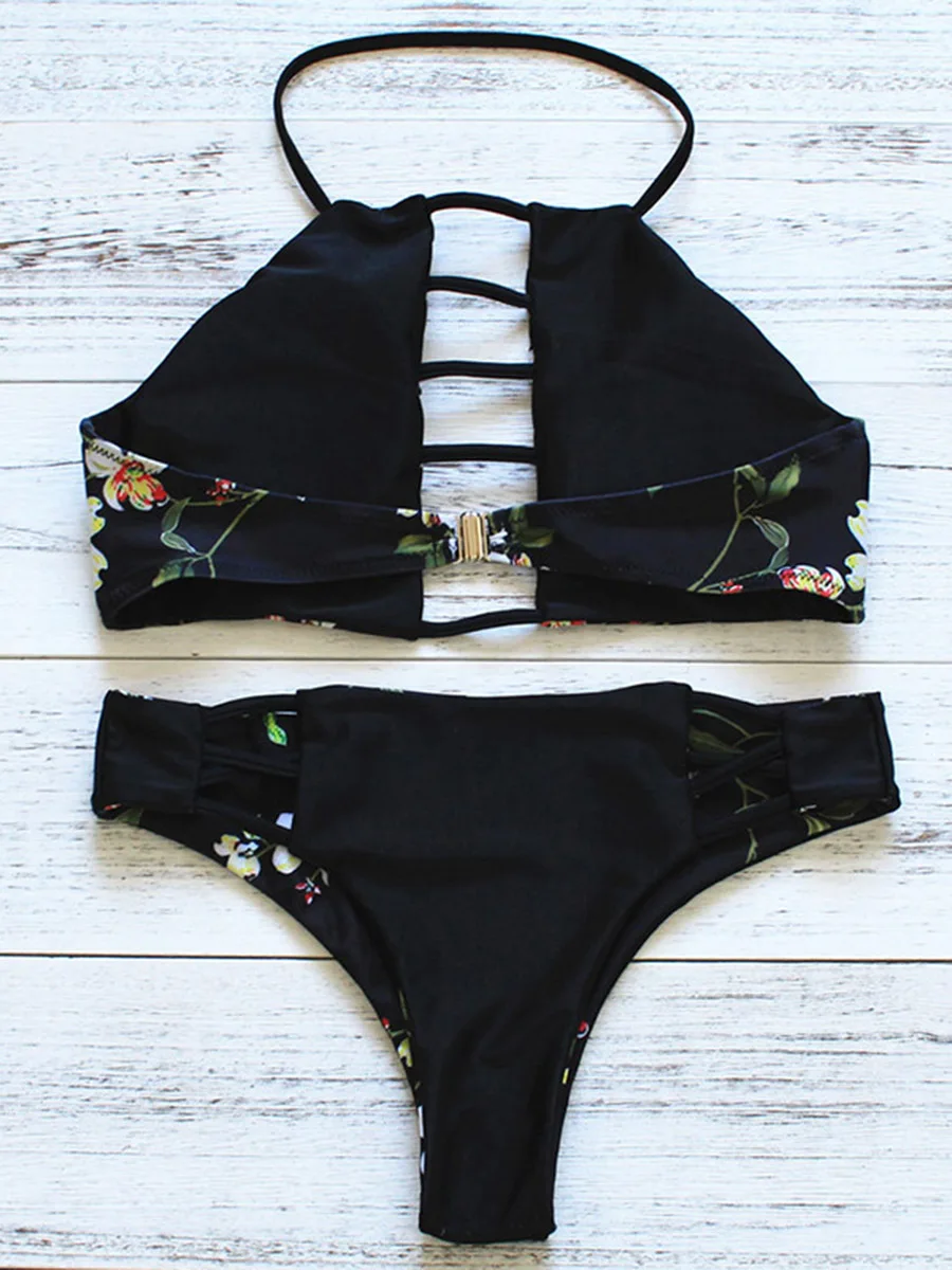 

2021 Bikini Set Sexy Women Floral Printed Halter Black Cut Out Backless Triangle Bikinis Beachwear Bathingsuit Women's Biquini