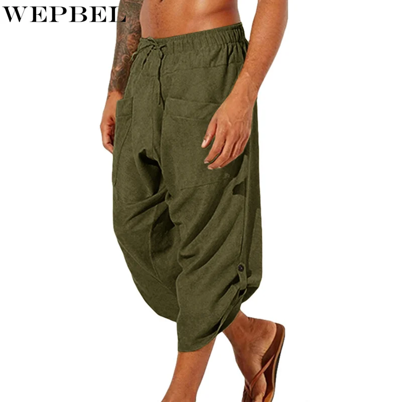 

WEPBEL Mens Pants Vintage Ethnic Style Calf-Length Loose Drawstring Casual Harem Pants