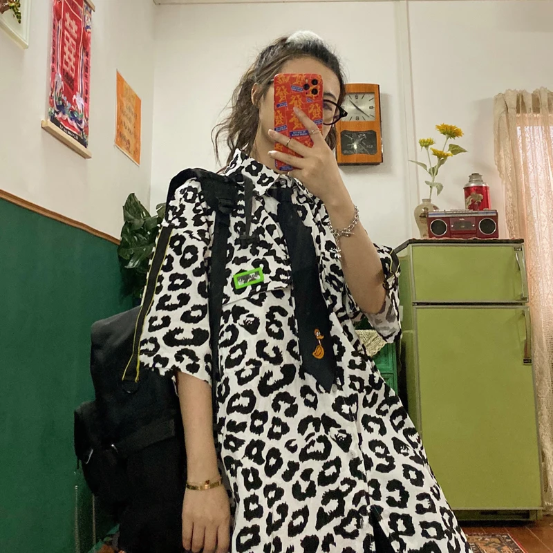Уличная Хип-Хоп Ретро Гонконгская леопардовая Свободная рубашка с большими