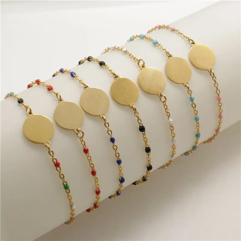 

New Fashion Round Golden Enamel Bracelet Stainless Steel Bracelets Link Cable Chain For Women Fashion Jewelry Gifts 18cm ,1PC