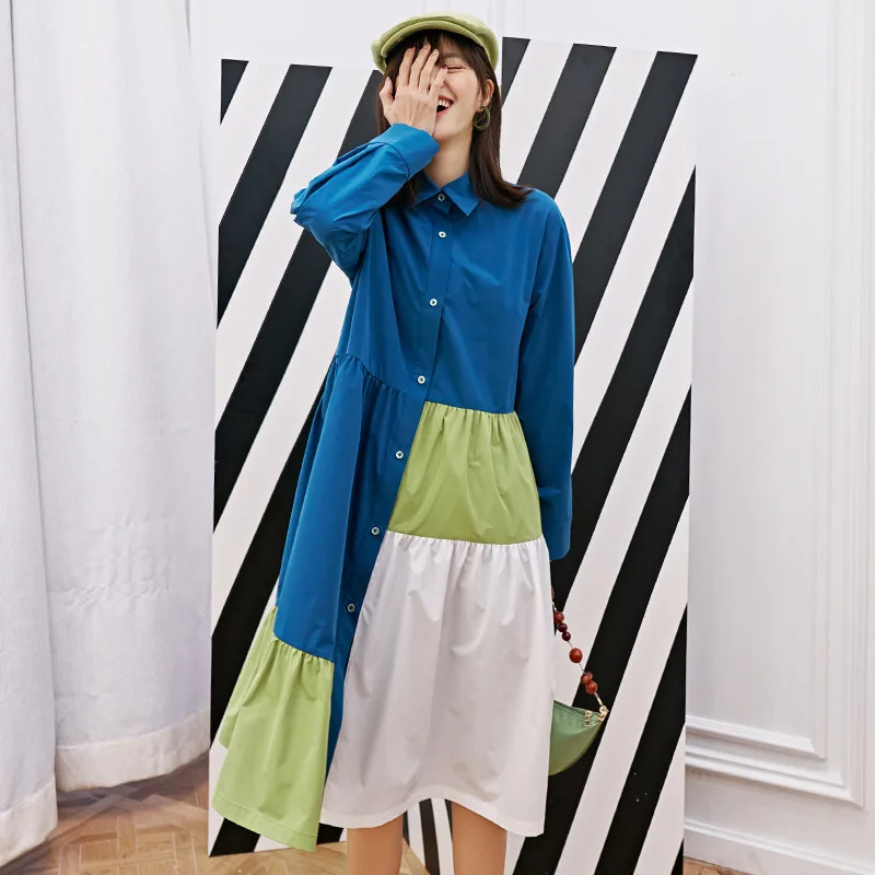 LANMREM может отправить популярный цвет пэчворк рубашка Стиль платья для женщин