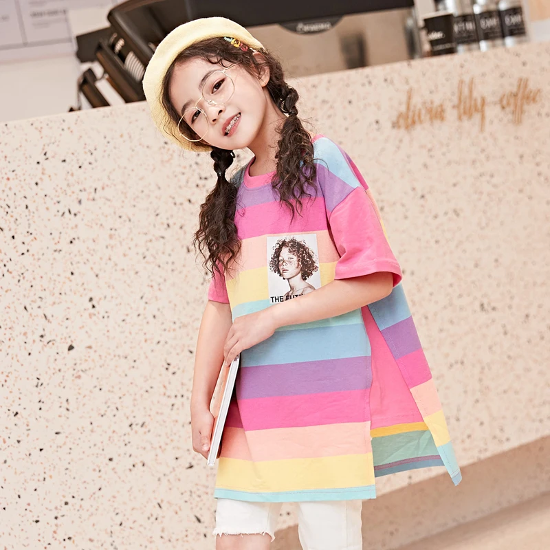 

Rainbow Color Stripe Cotton T-shirt For Summer Teenage Girls