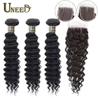 Натуральные пряди волос с закрывающей глубокой волной 1b цвет бразильские 100% человеческие волосы пучка с кружевной застежкой Remy волосы для наращивания