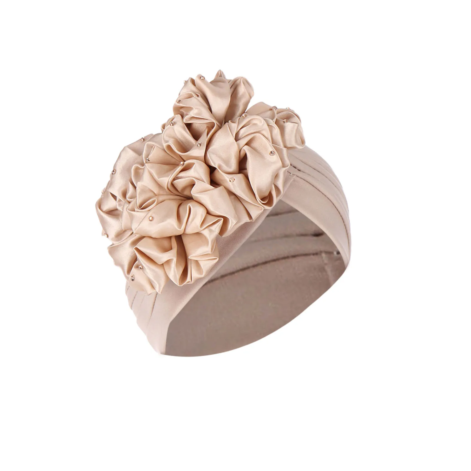 

Women Solid Large Flower Decorated Beading Ruffle Cancer Chemo Hat Beanie Wrap Cap Hat Muslim